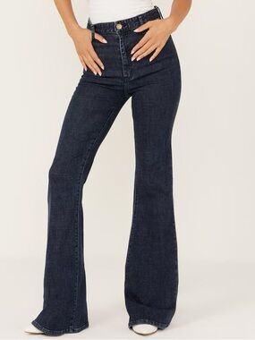 SHOW ME YOUR MUMU WOMEN'S DARK WASH HAWN BELL FLARE STRETCH DENIM JEANS